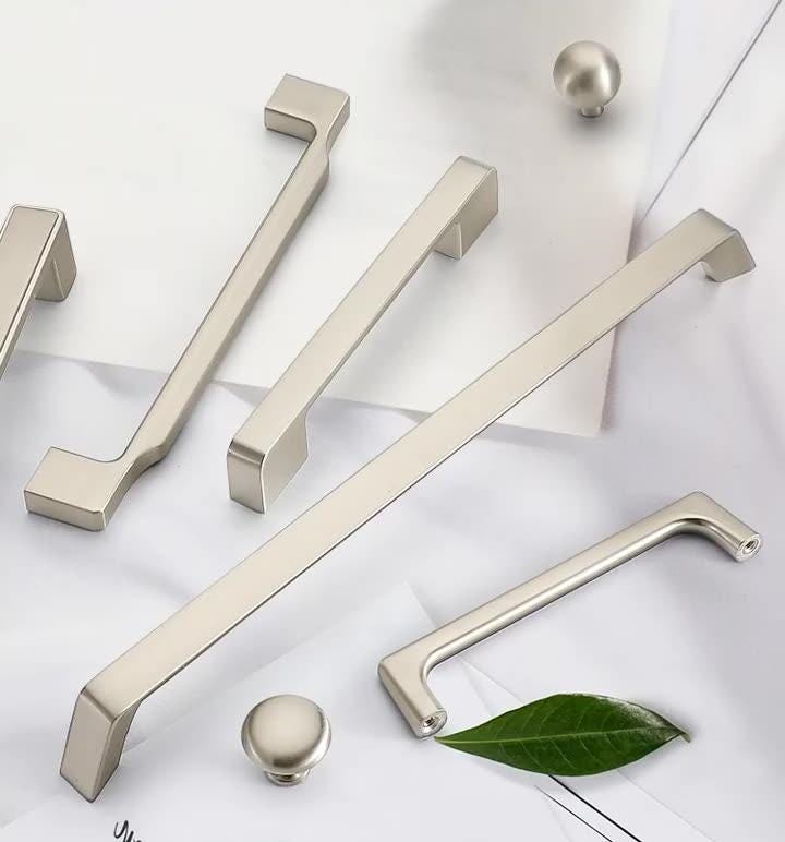 Modern Brushed Nickel Metal Cabinet Handles Minimalist Drawer Pulls Kitchen Wardrobe Dresser Furniture Hardware Sleek Satin Silver Knobs