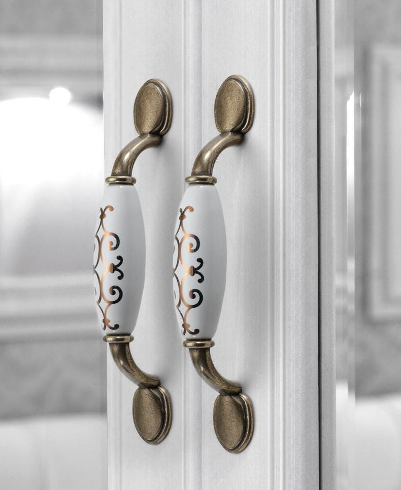 Vintage French Style Ceramic Metal Cabinet Handles Classic Bronze Drawer Pulls Floral Design Knobs Dresser Wardrobe Furniture Kitchen Decor