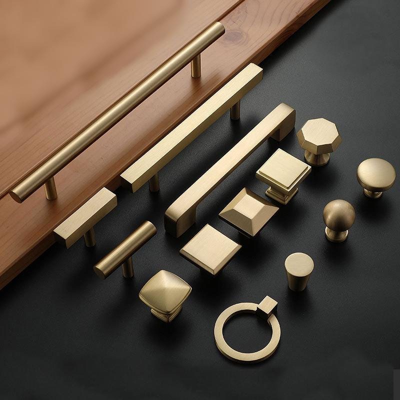 Brushed Solid Brass Cabinet Handles Knobs Set Modern Art Deco Minimalist Classic Style Pulls Kitchen Cabinets Dresser Drawers Furniture