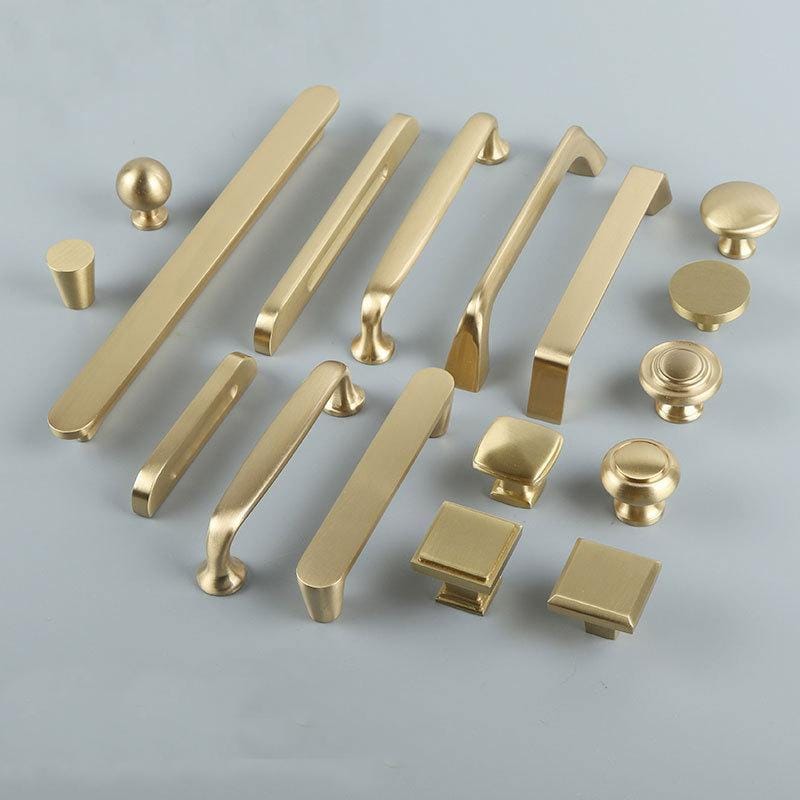 Luxury Brushed Gold Solid Brass Cabinet Pulls Knobs Modern Classic Minimalist Handles Art Deco Style Kitchen Cabinets Drawers Furniture