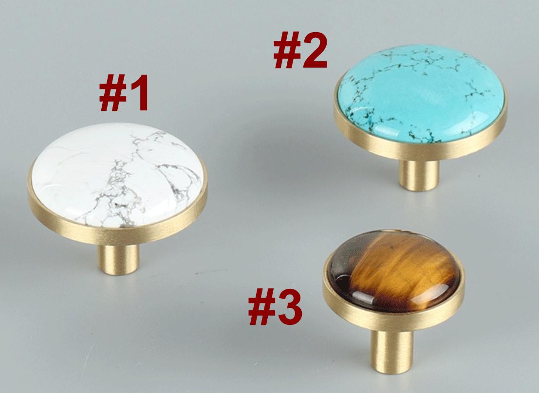 Decorative Cabinet Knobs Solid Brass Base Stone Inlays Boho Classic Natural Style Handles Featuring White Marble Turquoise Tiger Eye Stones
