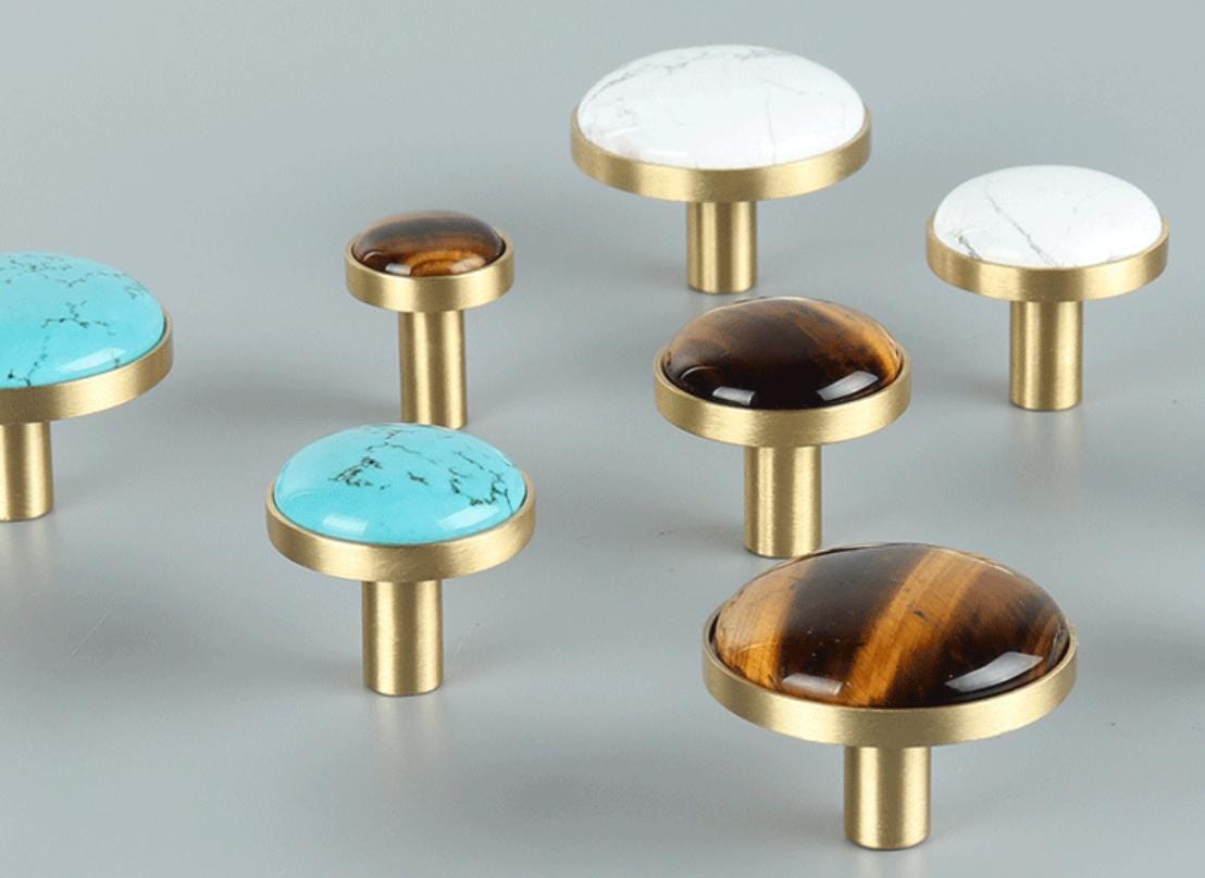 Decorative Cabinet Knobs Solid Brass Base Stone Inlays Boho Classic Natural Style Handles Featuring White Marble Turquoise Tiger Eye Stones