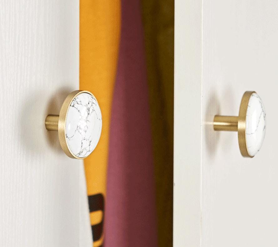 Decorative Cabinet Knobs Solid Brass Base Stone Inlays Boho Classic Natural Style Handles Featuring White Marble Turquoise Tiger Eye Stones