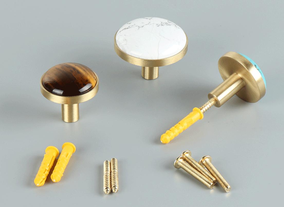 Decorative Cabinet Knobs Solid Brass Base Stone Inlays Boho Classic Natural Style Handles Featuring White Marble Turquoise Tiger Eye Stones