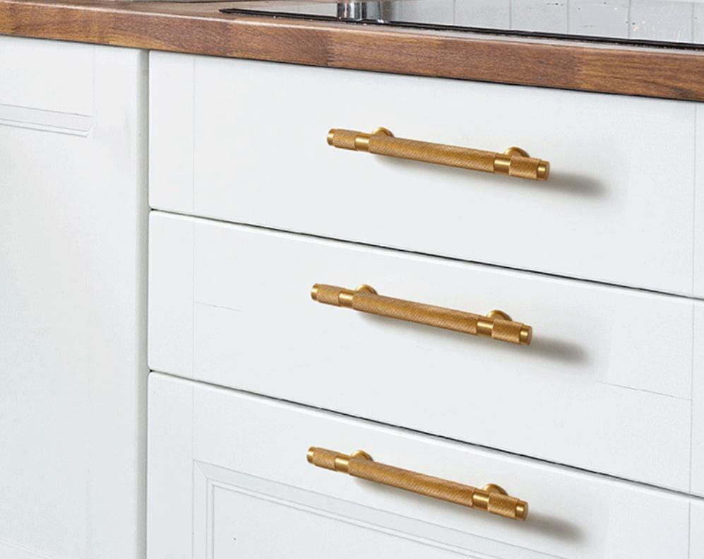 Knurled Solid Brass Drawer Pulls Industrial Modern Textured Cabinet Handles Brushed Finish Kitchen Bathroom Furniture Renovation Projects
