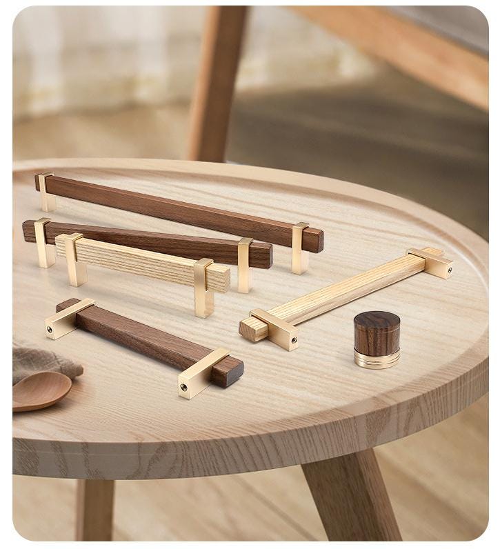 Modern Scandinavian Wood Metal Cabinet Handles Minimalist Drawer Knobs Furniture Pulls Kitchen Dresser Wardrobe Cupboard Contemporary