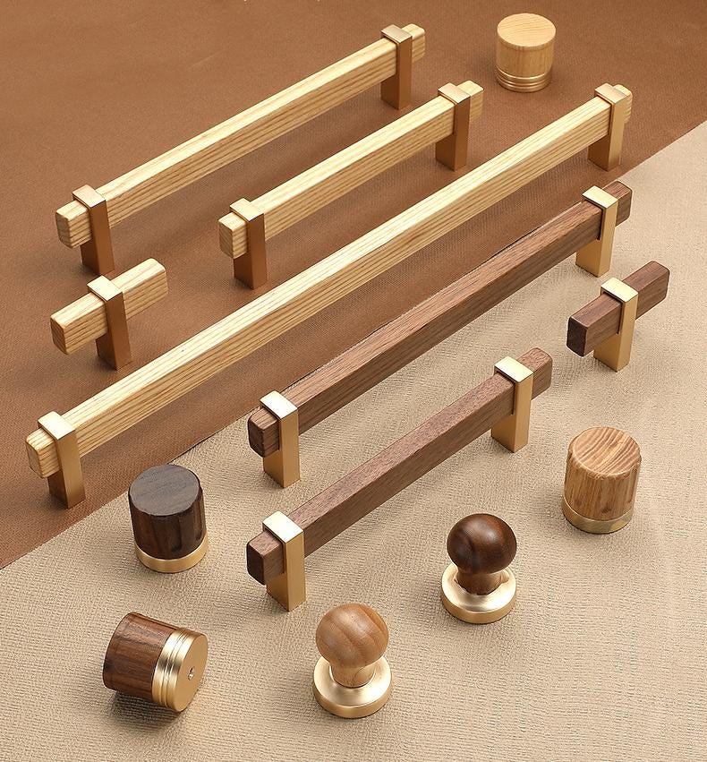 Modern Scandinavian Wood Metal Cabinet Handles Minimalist Drawer Knobs Furniture Pulls Kitchen Dresser Wardrobe Cupboard Contemporary