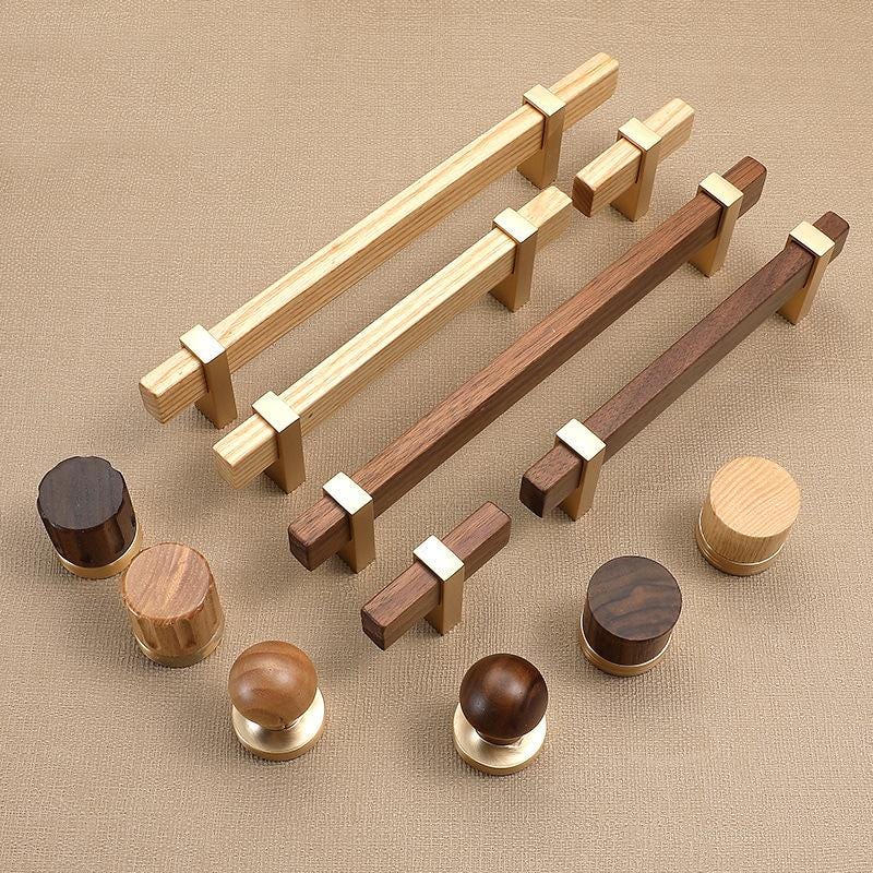 Modern Scandinavian Wood Metal Cabinet Handles Minimalist Drawer Knobs Furniture Pulls Kitchen Dresser Wardrobe Cupboard Contemporary