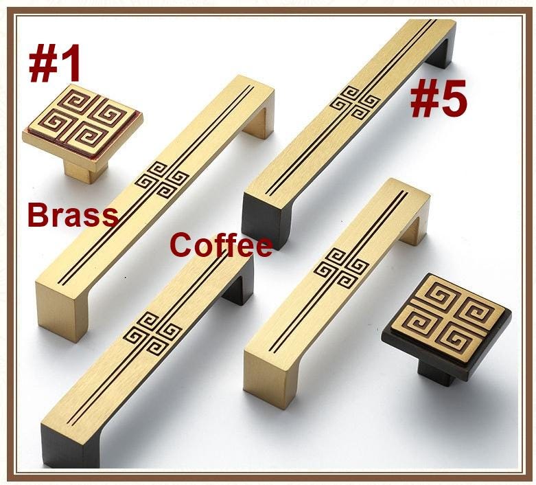 Oriental Solid Brass Cabinet Handles Knobs Chinese Style Decorative Drawer Pulls Geometric Patterns Gold Black Furniture Kitchen Cabinets