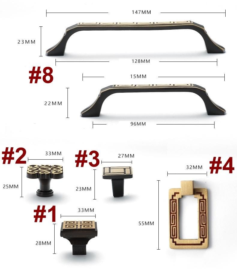Oriental Solid Brass Cabinet Handles Knobs Chinese Style Decorative Drawer Pulls Geometric Patterns Gold Black Furniture Kitchen Cabinets