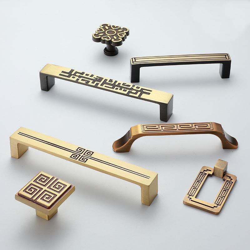 Oriental Solid Brass Cabinet Handles Knobs Chinese Style Decorative Drawer Pulls Geometric Patterns Gold Black Furniture Kitchen Cabinets