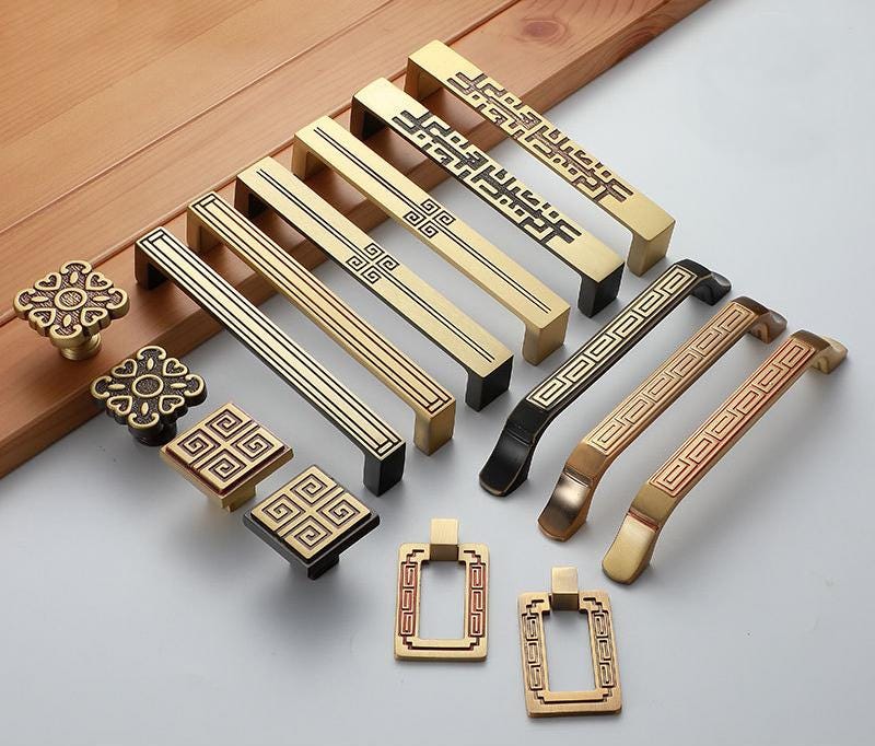 Oriental Solid Brass Cabinet Handles Knobs Chinese Style Decorative Drawer Pulls Geometric Patterns Gold Black Furniture Kitchen Cabinets