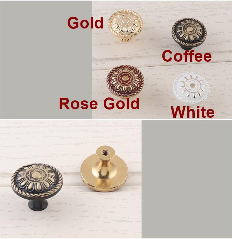 Vintage Baroque Style Solid Brass Cabinet Knobs Drop Ring Pulls Ornate Gold Black Handles Floral Rosette Design Antique Classic Furniture
