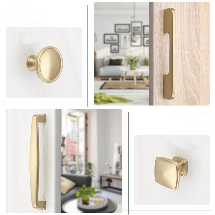 Brushed Solid Brass Cabinet Handles Knobs Modern Minimalist Drawer Pulls Flat Bars Cone Knobs Ring Drop Designs Kitchen Dresser Furniture
