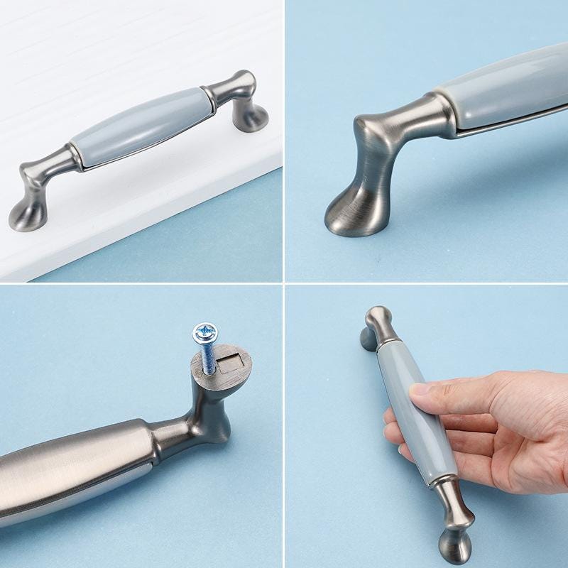 Classic Metal Cabinet Handles Light Blue Ceramic Drawer Pulls Brushed Nickel Base Kitchen Dresser Wardrobe Furniture Vintage European Style