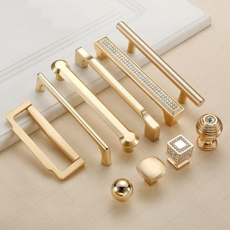 Modern Gold Metal Cabinet Handles Crystal Drawer Pulls Kitchen Wardrobe Cupboard Dresser Furniture Luxury Glam Style Polished Shiny Finish