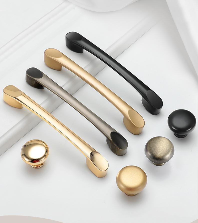 Modern Sleek Metal Cabinet Handles Knobs Gold Black Brushed Finishes Drawers Kitchen Cabinets Cupboards Wardrobes Minimalist Contemporary