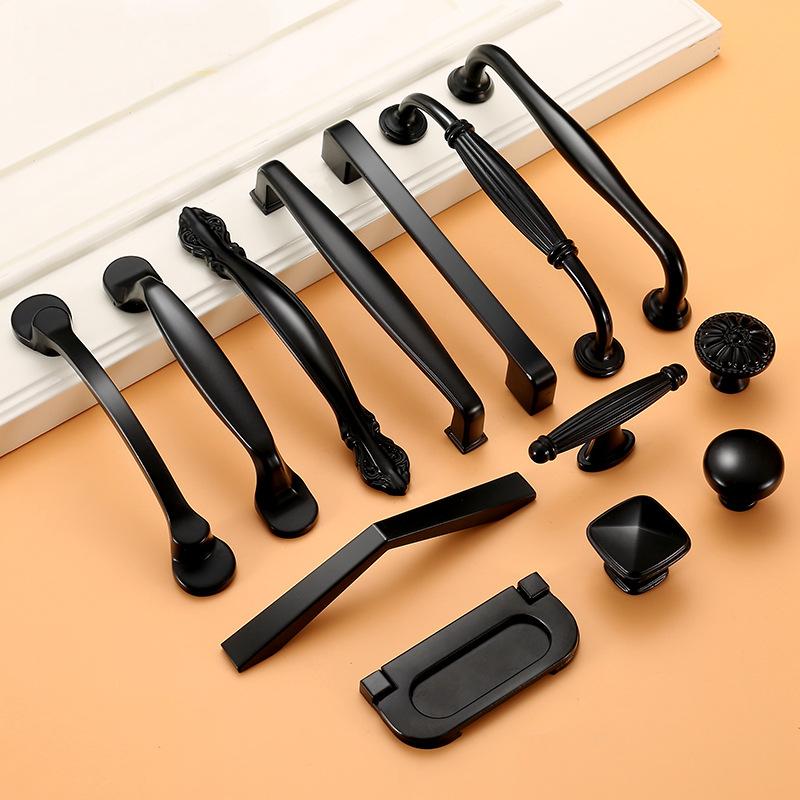 Elegant Matte Black Metal Cabinet Handles Knobs Drawers Wardrobes Cupboards Kitchen Cabinets Classic Transitional Styles Decorative Details