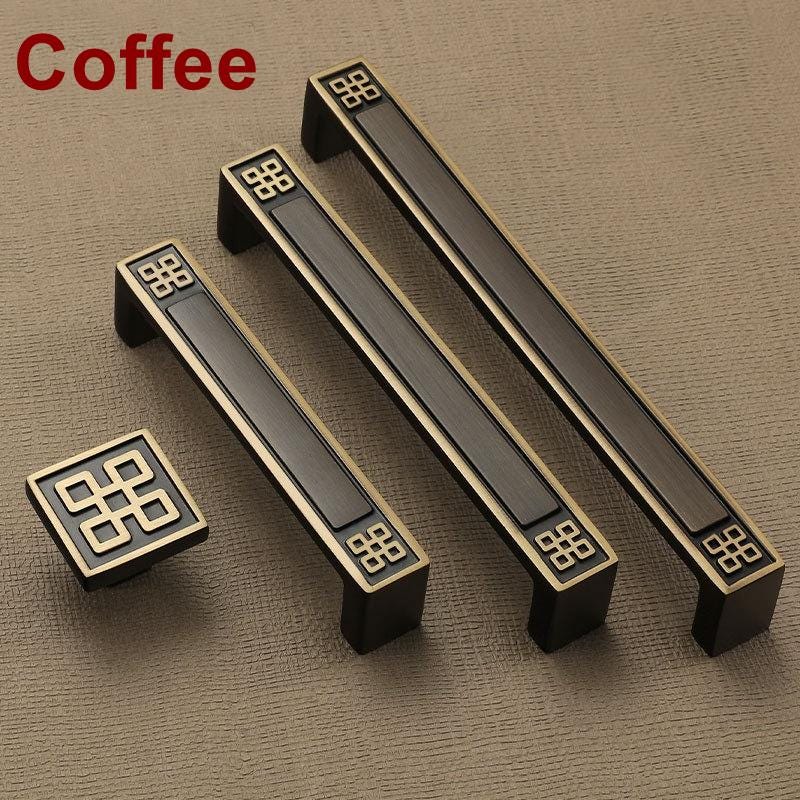 Oriental Style Gold Solid Brass Cabinet Handles Knobs Engraved Decorative Pattern Drawers Wardrobes Kitchen Furniture Modern Classic Design