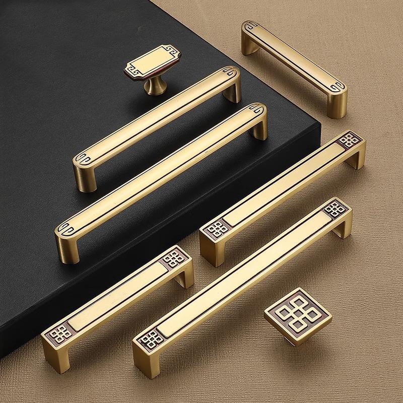 Oriental Style Gold Solid Brass Cabinet Handles Knobs Engraved Decorative Pattern Drawers Wardrobes Kitchen Furniture Modern Classic Design