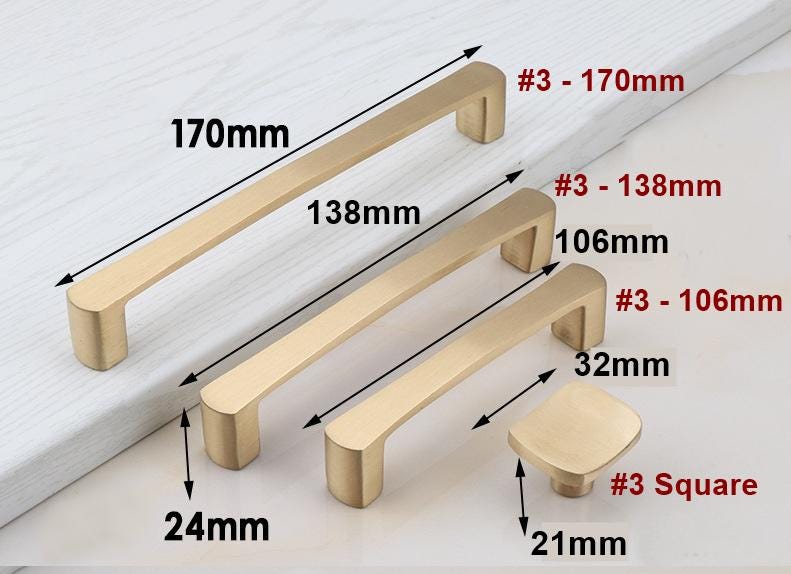 Brushed Gold Solid Brass Cabinet Handles Knobs Modern Transitional Drawer Pulls Flat Bars Dome Knobs Satin Finish Kitchen Bathroom Furniture