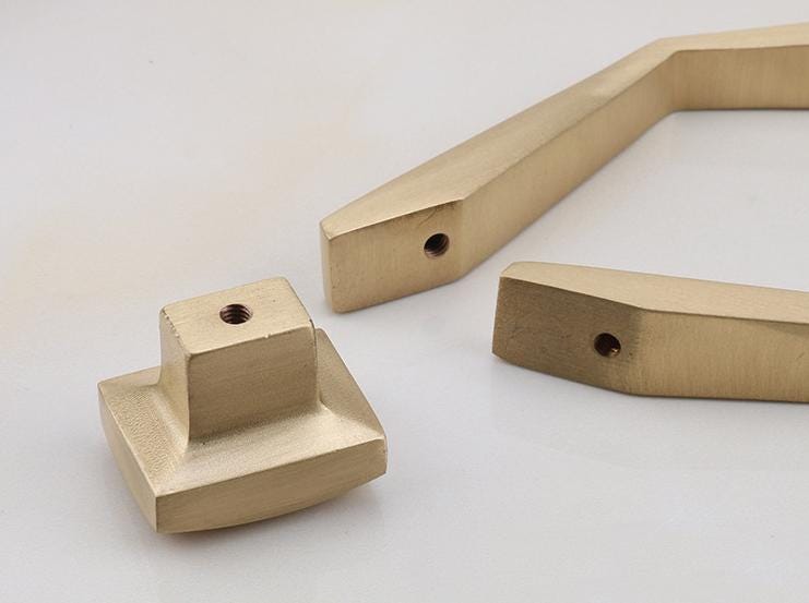 Brushed Gold Solid Brass Cabinet Handles Knobs Modern Transitional Drawer Pulls Flat Bars Dome Knobs Satin Finish Kitchen Bathroom Furniture