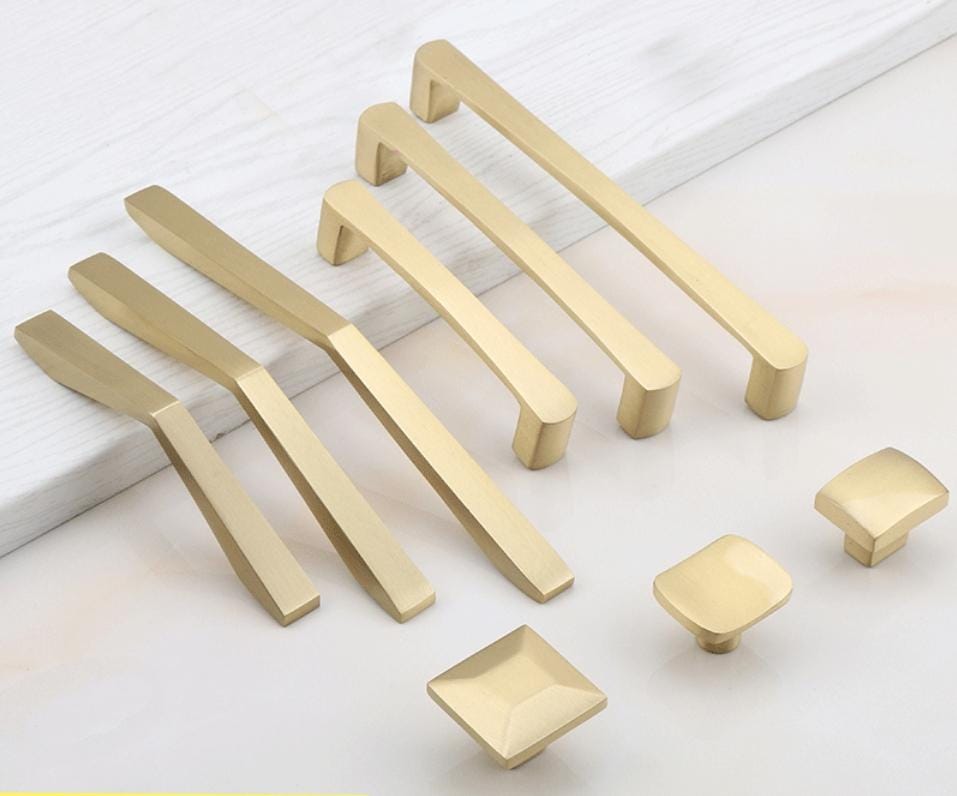 Brushed Gold Solid Brass Cabinet Handles Knobs Modern Transitional Drawer Pulls Flat Bars Dome Knobs Satin Finish Kitchen Bathroom Furniture