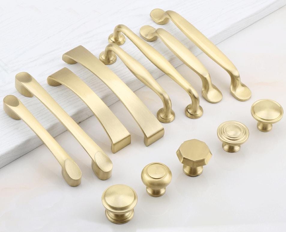 Brushed Gold Solid Brass Cabinet Handles Knobs Modern Transitional Drawer Pulls Flat Bars Dome Knobs Satin Finish Kitchen Bathroom Furniture