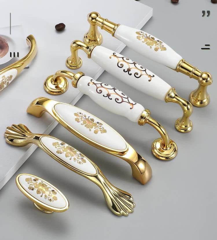 Vintage Metal Ceramic Gold Cabinet Handles Baroque Floral Drawer Pulls Classic Kitchen Dresser Furniture Restoration Antique European Style