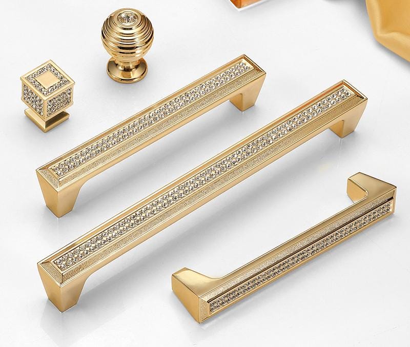 Gold Metal Crystal Cabinet Pulls Luxury Glam Handles Drawers Dressers Furniture Art Deco Style Decorative Sparkle Drawer Door Handle Knobs