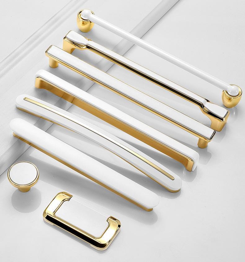 White Gold Metal Cabinet Handles Modern Minimalist Drawer Pulls Kitchen Bathroom Wardrobe Dresser Elegant Furniture Handle Knob Set