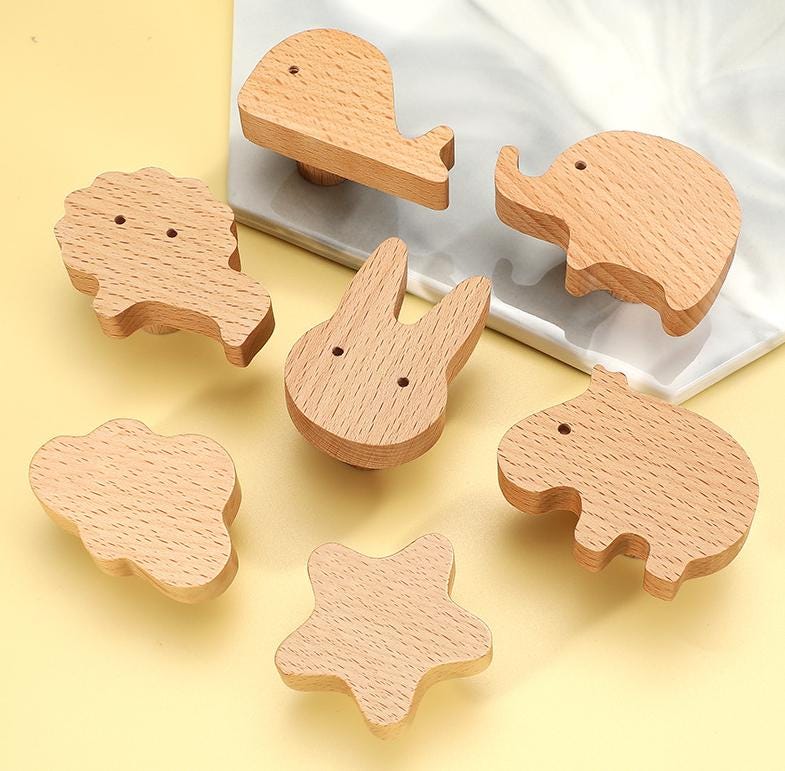 Wooden Animal Nature Cabinet Knobs Kids Montessori Style Drawer Pulls Beech Wood Elephant Whale Bunny Star Cloud Shapes Nursery Furniture