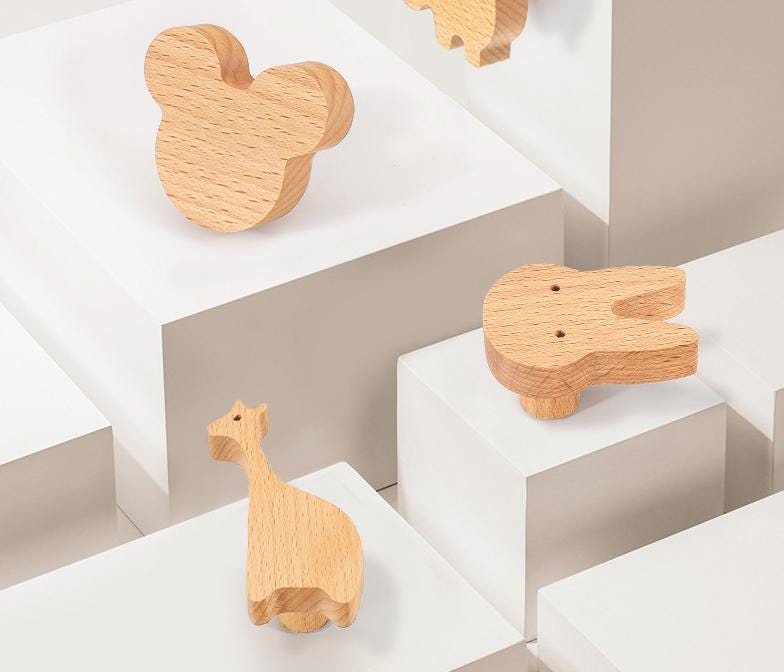 Wooden Animal Nature Cabinet Knobs Kids Montessori Style Drawer Pulls Beech Wood Elephant Whale Bunny Star Cloud Shapes Nursery Furniture