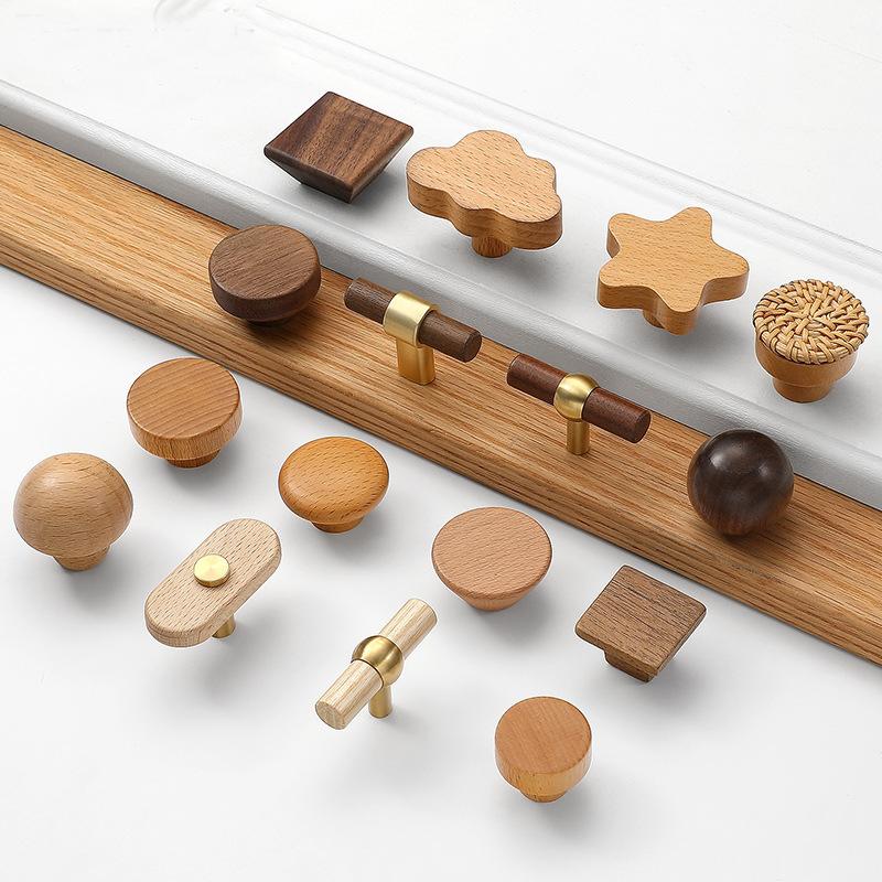 Modern Wooden Cabinet Knobs Designer Beech Walnut Drawer Pulls Round Square Oval Star Brass Accents Eco Scandinavian Mid-Century Style