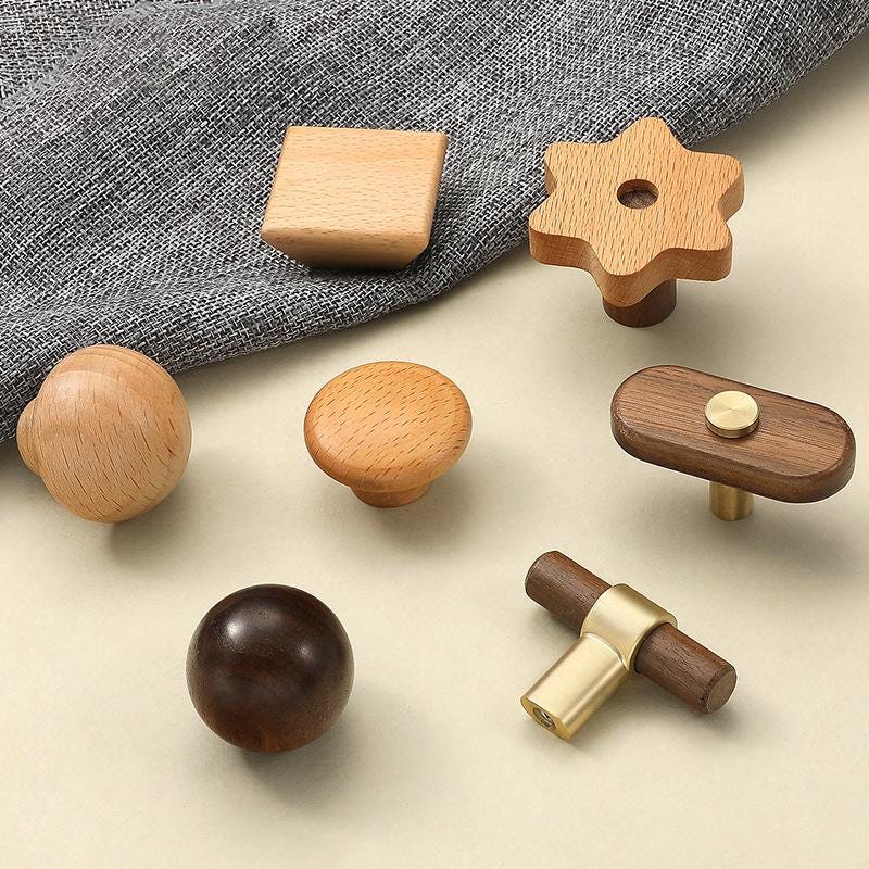 Modern Wooden Cabinet Knobs Designer Beech Walnut Drawer Pulls Round Square Oval Star Brass Accents Eco Scandinavian Mid-Century Style