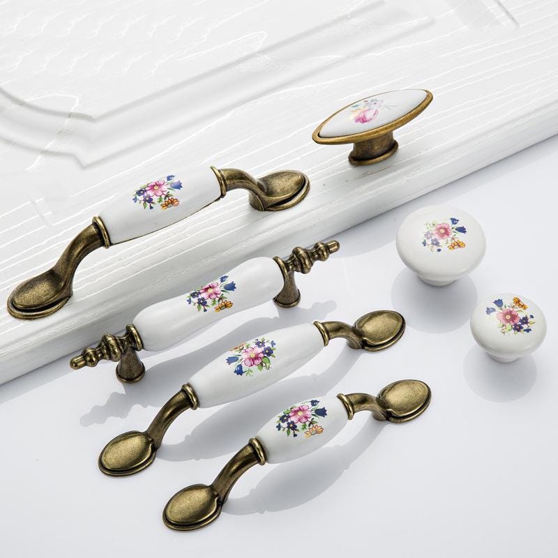 Vintage Floral Ceramic Metal Cabinet Handles Knobs Bronze Finish Drawers Wardrobes Dressers Kitchen Furniture Rustic Home Interior Design
