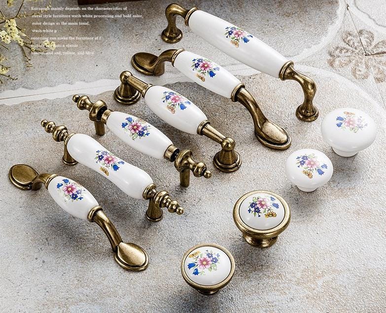 Vintage Floral Ceramic Metal Cabinet Handles Knobs Bronze Finish Drawers Wardrobes Dressers Kitchen Furniture Rustic Home Interior Design