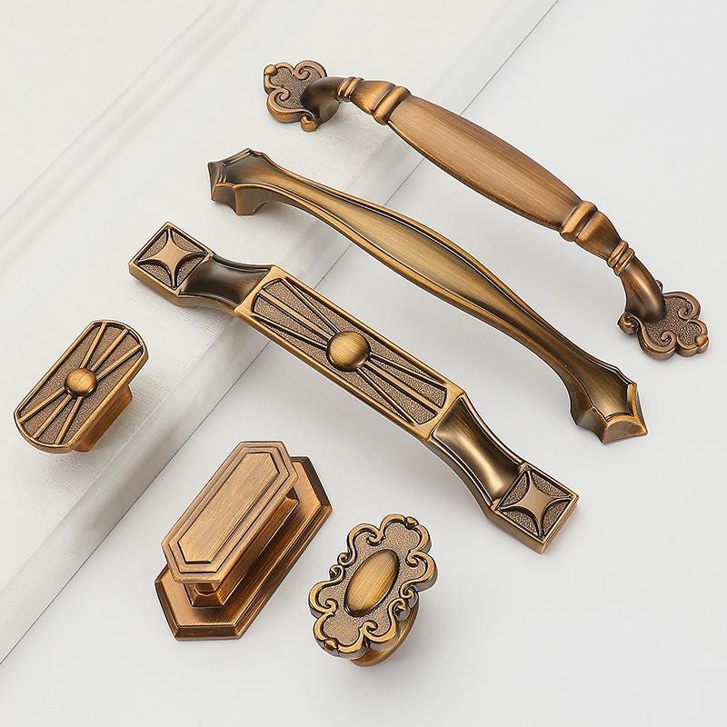 Vintage Yellow Bronze Metal Cabinet Handles Knobs Classic Baroque Neoclassical Dresser Drawer Closet Cupboard Furniture Restoration