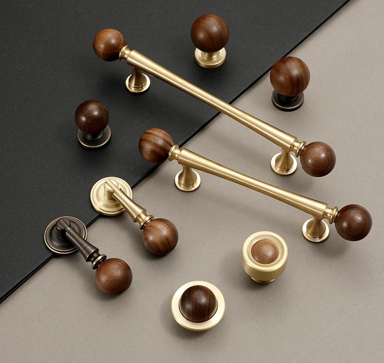 Mid-Century Modern Wood Solid Brass Cabinet Handles Elegant Drawer Pulls Walnut Classic Transitional Art Deco Kitchen Dresser Furniture