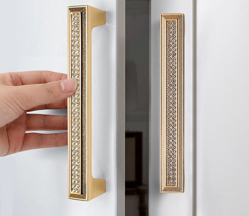 Luxury Gold Crystal Metal Cabinet Handles Deco Glamorous Drawer Pulls Diamond Glass Knobs Furniture Hardware Kitchen Closet Dresser Cupboard