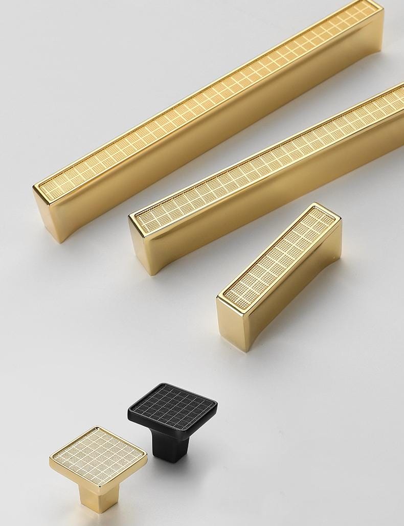 Modern Art Deco Metal Cabinet Handles Grid Texture Gold Black Drawer Pulls Geometric Aluminum Alloy Kitchen Furniture Closet Door Knobs