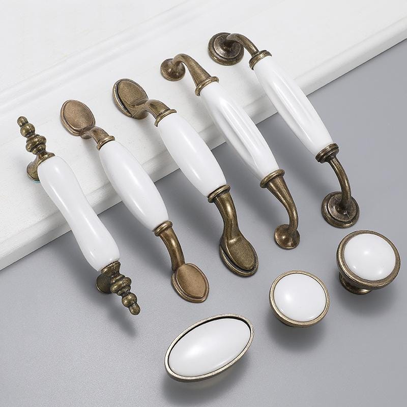 Classic Antique Bronze Metal Cabinet Drawer Pulls And Knobs With White Ceramic Handles Vintage Furniture Kitchen Wardrobe Closet Cupboard