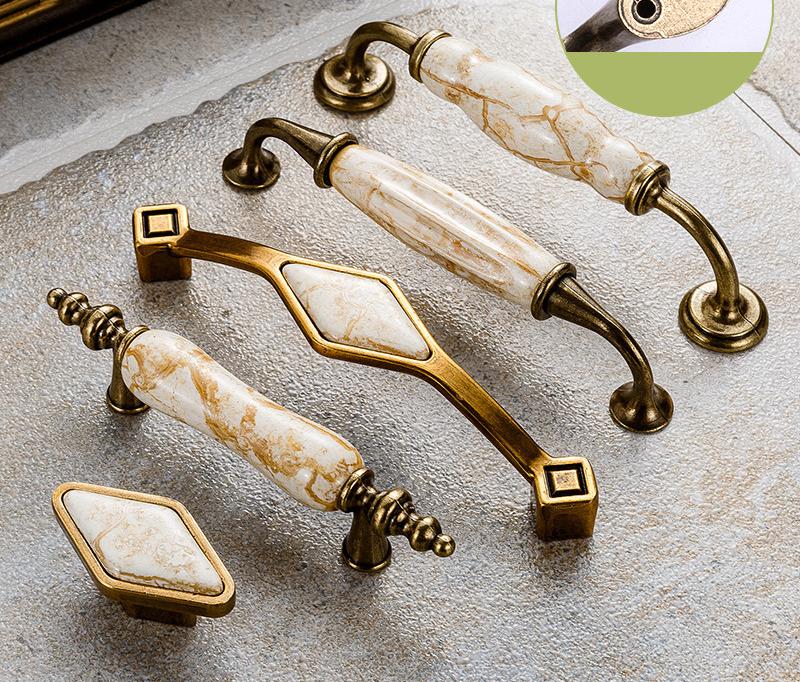Classic Antique Bronze Metal Cabinet Drawer Handles Marble Ceramic Knobs And Pulls Vintage Style For Kitchen Furniture Wardrobe Dresser