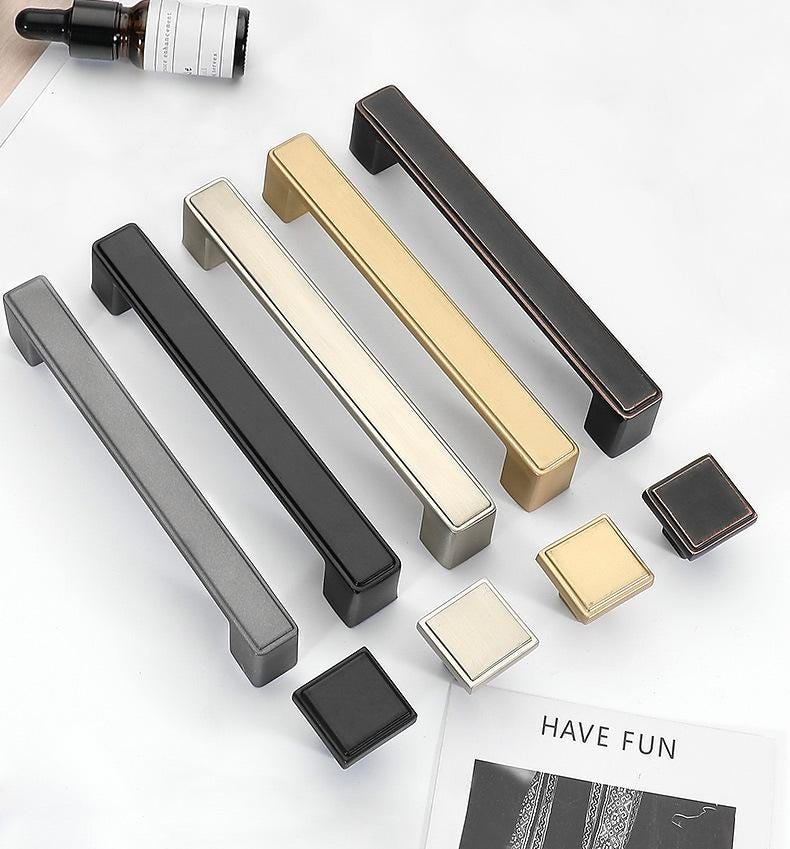 Modern Minimalist Metal Cabinet Handles Square Drawer Pulls Black Gold Silver Zinc Alloy Kitchen Door Knobs Pulls Closet Dresser Furniture