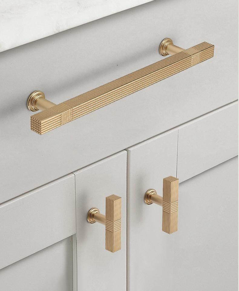 Luxury Gold Metal Cabinet Knobs Drawer Pulls Kitchen Closet Dresser Furniture Modern Minimalist Art Deco Neoclassical Satin Finish Look
