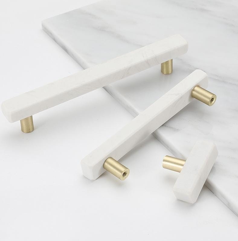 White Marble Metal Cabinet Handles Gold Base Modern Minimalist Drawer Pulls Kitchen Bathroom Closet Dresser Contemporary Loft Art Deco Style