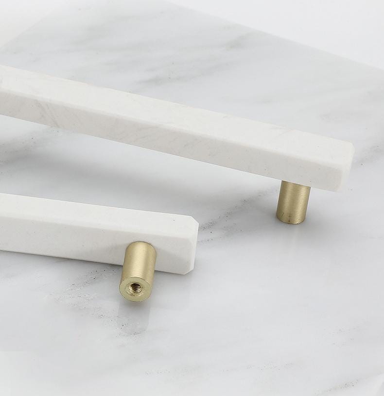 White Marble Metal Cabinet Handles Gold Base Modern Minimalist Drawer Pulls Kitchen Bathroom Closet Dresser Contemporary Loft Art Deco Style