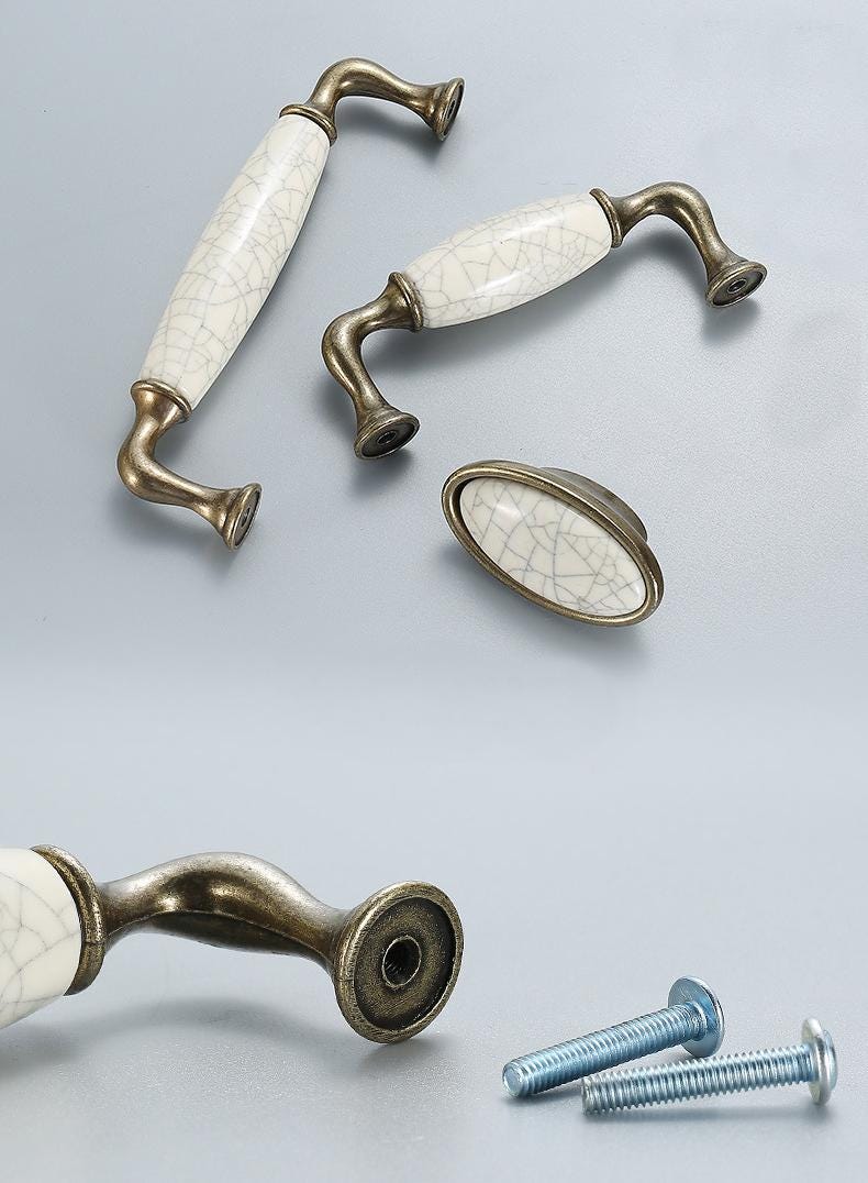 Vintage Metal Ceramic Cabinet Handles Bronze Base Classic Kitchen Furniture Drawers Dresser Pulls Elegant White Crackle Glaze Door Hardware