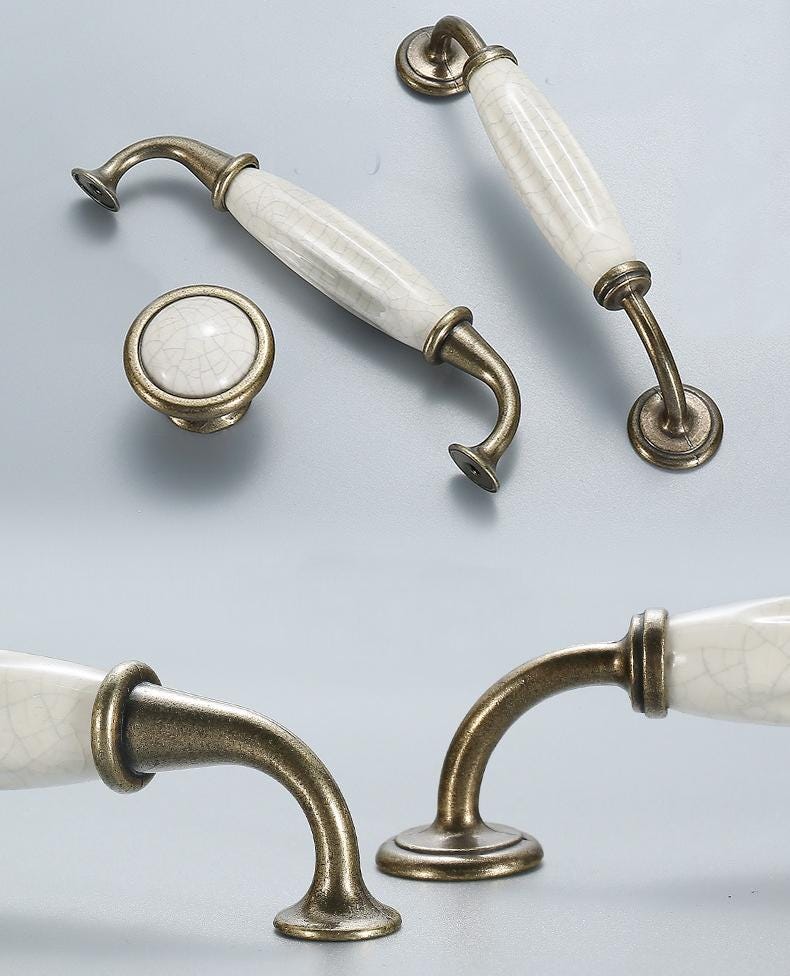 Vintage Metal Ceramic Cabinet Handles Bronze Base Classic Kitchen Furniture Drawers Dresser Pulls Elegant White Crackle Glaze Door Hardware