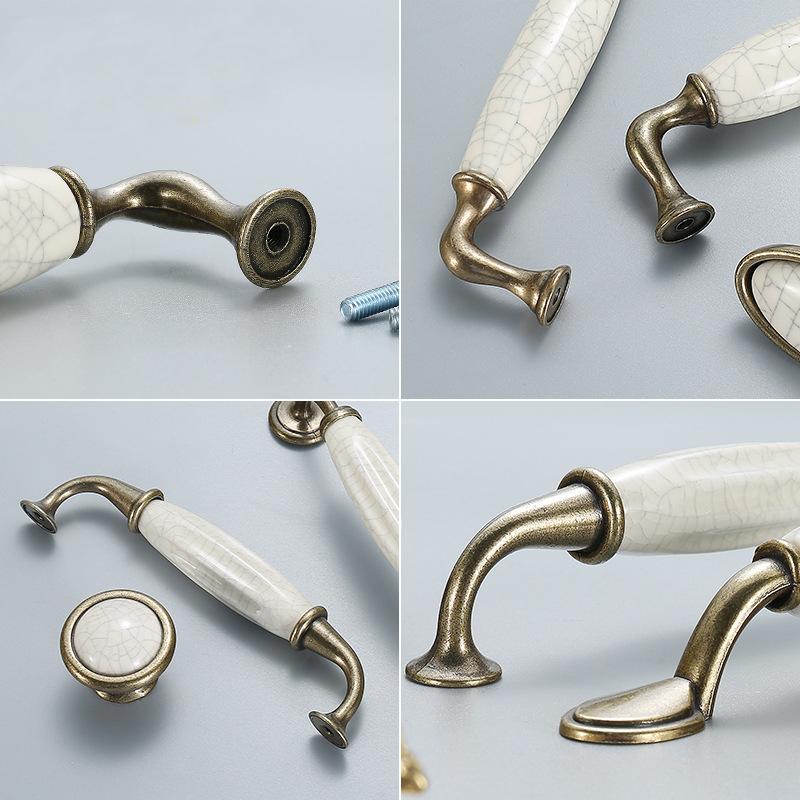 Vintage Metal Ceramic Cabinet Handles Bronze Base Classic Kitchen Furniture Drawers Dresser Pulls Elegant White Crackle Glaze Door Hardware